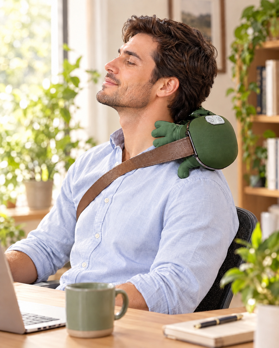 Man using the Unwynd massager at his desk