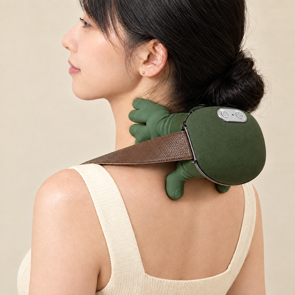 Close-up of the massager kneading the neck and shoulder