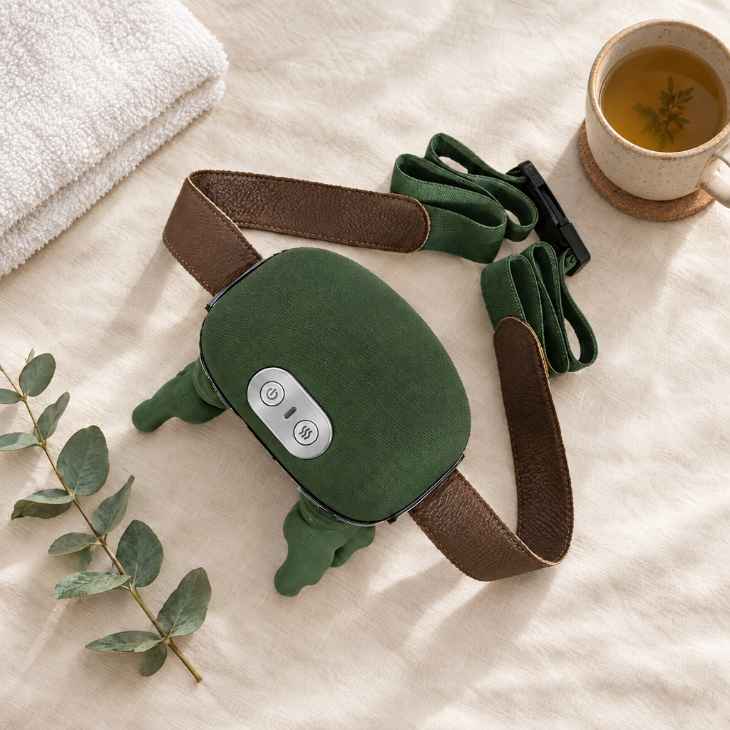 Unwynd massager flat lay with towel and tea
